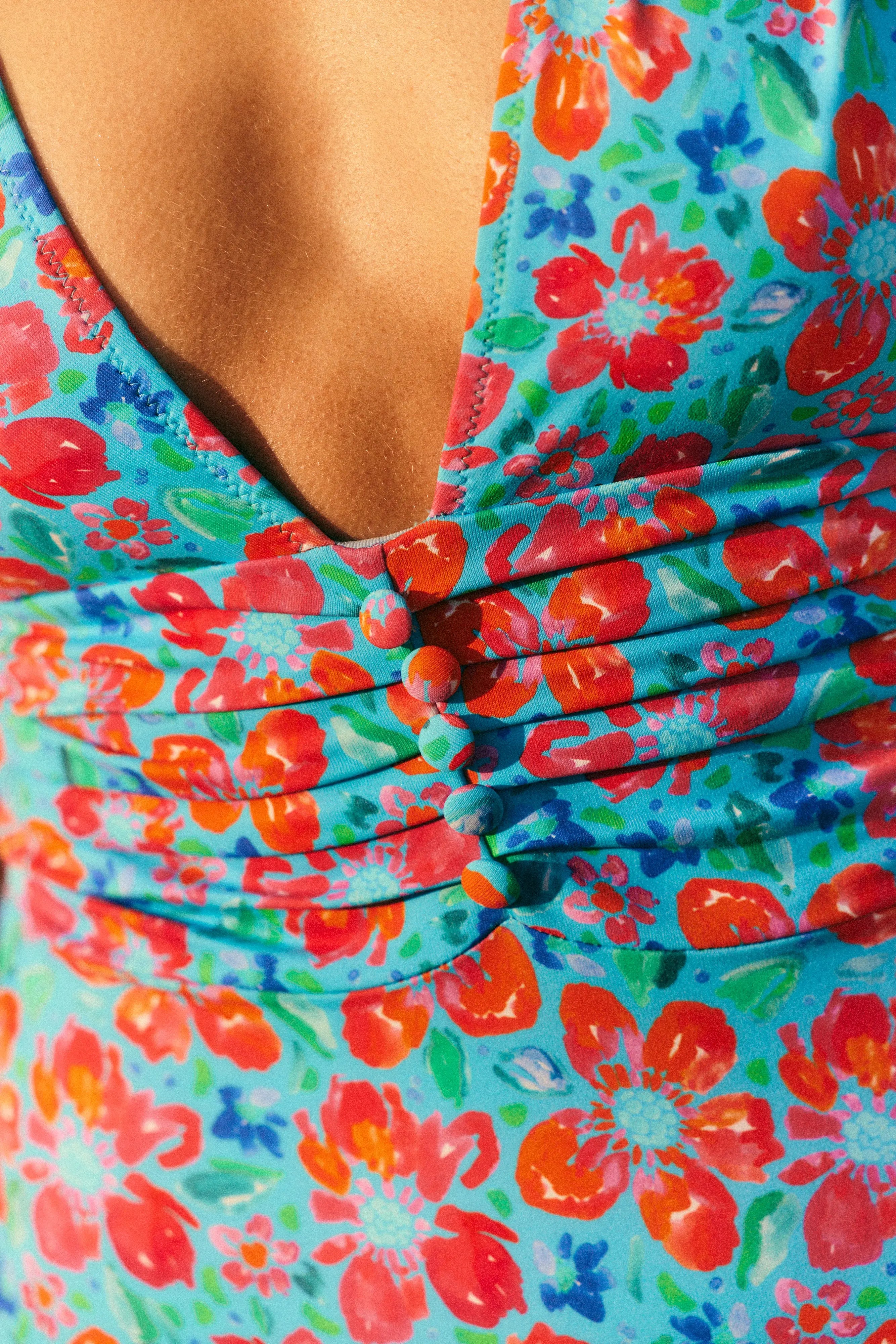 PAUEME I Swimwear I Maillot 1 pièce Marsala - Fleurs Roses Fond Ciel